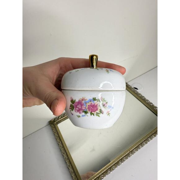 Porcelain Vanity Trinket / Jewelry Jar with Lid and Pink Rose, Yellow Flower - Picture 4 of 10